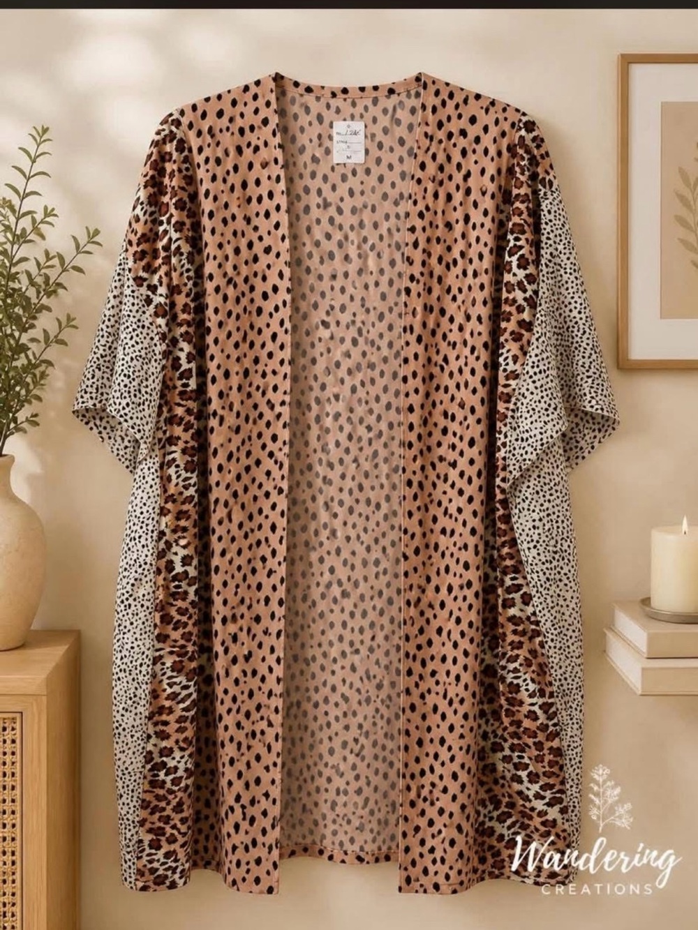 Leopard Print Open Front Kimono Jacket - Brown/Beige